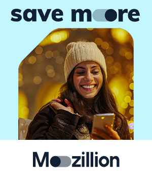 Mozillion - Woman looking at phone with text reading 'save more'