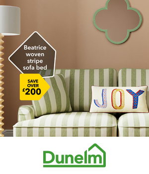 Dunelm: Striped green sofa with cushion, sticker illustration reads "Beatrice woven stripe sofa bed. Save over £200"