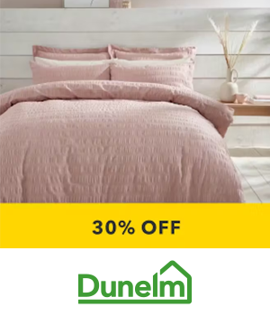 Dunelm - Pink bedding set with text reading "30% off"