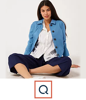 QVC - Woman wearing white shirt layered with light blue jacket