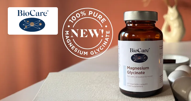 BioCare - Magnesium Glycinate bottle with sticker reading '100% pure new Magnesium Glycinate'