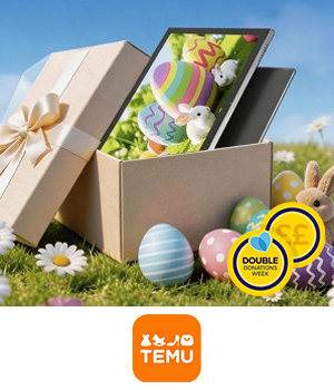 Temu - Easter bunnies surround an open present giftbox with a tablet inside
