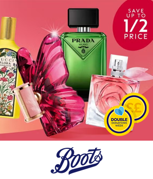 Boots - Various perfumes on a purple to pink gradient background