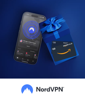 NordVPN - Smart phone with NordVPN logo on it beside a giftbox with Amazon giftcards on it