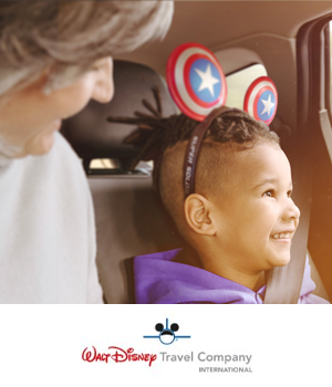 Walt Disney World Travel - Family in car, child is wearing Captain America themed Mickey Mouse ears