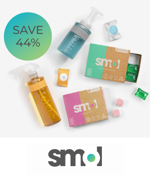 smol - Laundry pods and cleaning spray bottles with sticker reading "Save 44%"