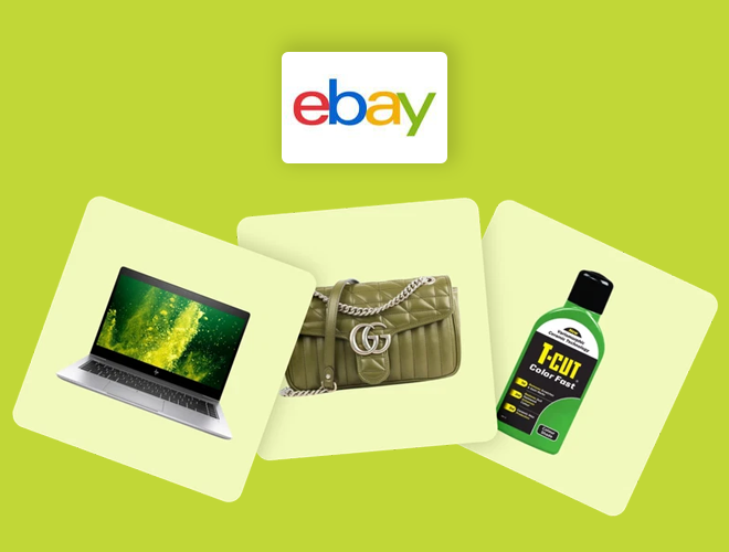 eBay - Laptop, handbag and grass dye product images on a lime green background