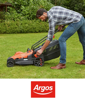 Argos - Man using lawnmower in a large garden
