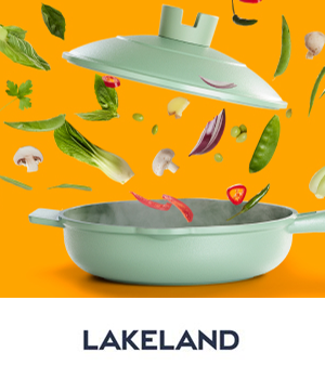 Lakeland - Sage coloured cooking pan from the 'Extraordinary Value' range with ingredients flying out of it