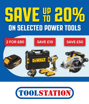 Toolstation - 'Save up to 20% on selected power tools' various DeWalt power tools are shown
