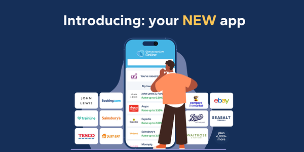 'Introducing: your NEW app'. Illustration of man looking at the Give as you Live app on a phone with various brand logos displayed