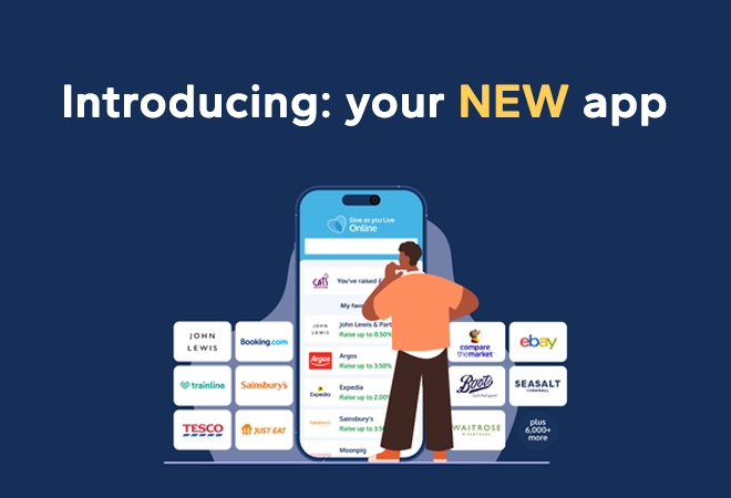 'Introducing: your NEW app'. Illustration of man looking at the Give as you Live app on a phone with various brand logos displayed