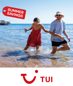TUI - Couple playing in the sea, illustration of gift tag reading "summer savings"