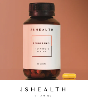 JSHealth Vitamins: A brown bottle of JSHealth Berberine+ vitamins with a white label stands upright