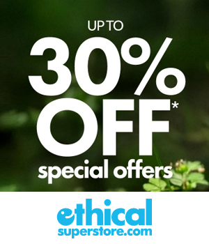 Ethical Superstore: Text reading "Up to 30% off special offers" is centered on a blurred green background with small plants.
