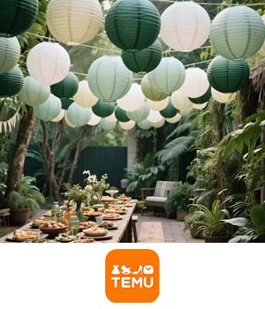 Temu: Outdoor garden party scene with a long wooden table set for a feast, adorned with green and white lanterns overhead. Lush greenery surrounds the area.