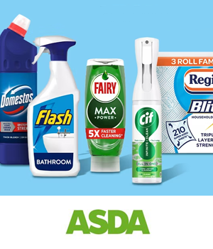 Asda: A lineup of cleaning products on a blue background, featuring Domestos, Flash, Fairy, Cif, and Regina Blitz