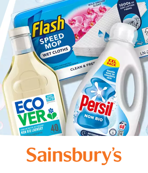 Sainsbury's: Image featuring cleaning products: Flash Speed Mop wet cloths, Ecover laundry liquid, and Persil Non-Bio detergent."