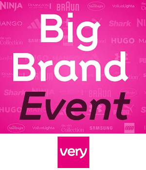 Very: Image with "Pink background with 'Big Brand Event' in white and black text, surrounded by logos of various brands.