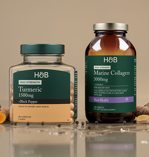Holland & Barrett branded beauty collagen and turmeric supplement bottles