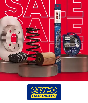 Euro Car Parts - Various car parts on red background with repeating "SALE" text