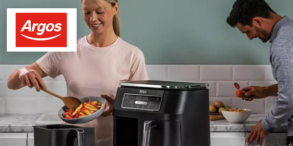 Argos - Woman using a Ninja Airfryer, a man seasons the food in his bowl behind her