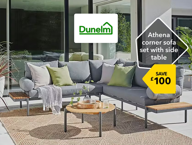 Dunelm - Outdoor living area with Athena corner sofa set and side table - yellow sticker reads "Save £100"