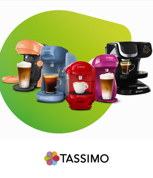 Tassimo - Machines lined up in different colours on a lime green background