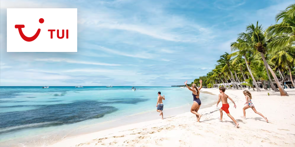 TUI - Family running across a beach with palm trees swaying in the background