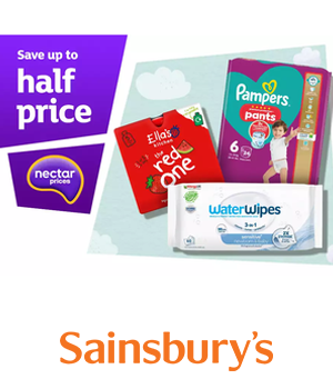 Sainsbury's - "Save up to half price" sticker with Nectar Prices icon and various baby products