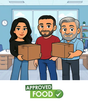 Approved food - Illustration of people holding boxes of surplus food