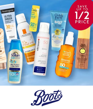 Boots - Variety of SPF bottles with sticker reading "Save up to 1/2 price"