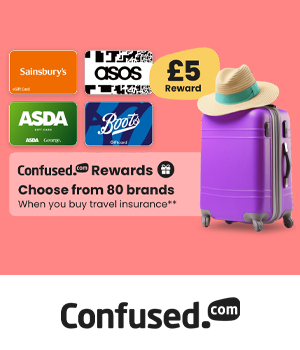 Confused.com - Suitcase with hat on it. Various gift cards with sticker reading "£5 Reward"
