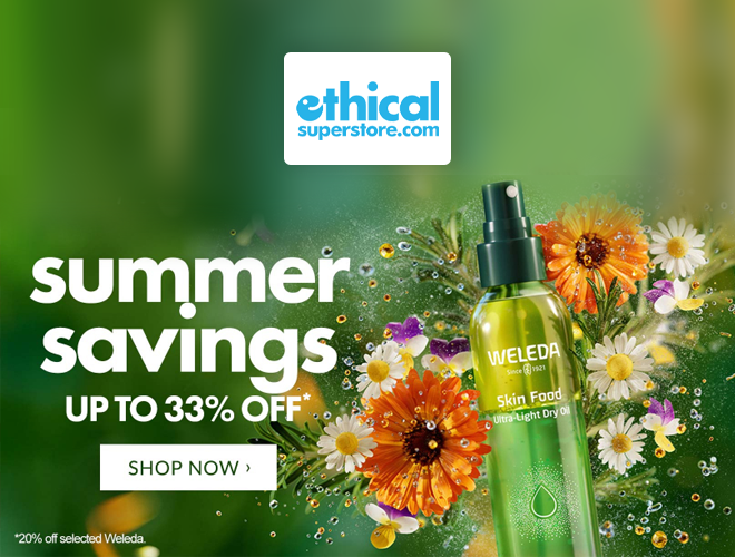 Ethical Superstore - Weleda haircare oil with copy reading 'summer savings up to 33% off'