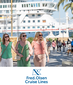 Fred. Olsen - Group of women walking with cruise ship in background