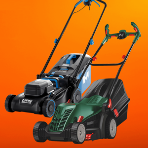 Two modern electric lawn mowers with sleek designs display against a vibrant orange background