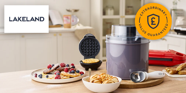 Lakeland - Kitchen gadgets on countertop with sticker illustration reading 'Extraordinary Value Guaranteed' with a shield and pound symbol