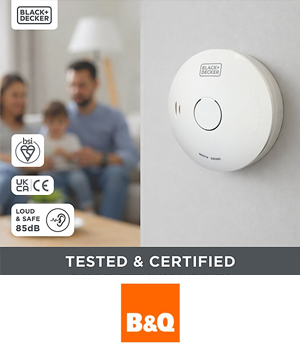 B&Q - Black + Decker smoke alarm with copy 'Loud and Safe - 85dB' and 'Tested & Certified'