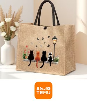 Temu - A beige burlap tote bag featuring a print of four cats sitting on a wall