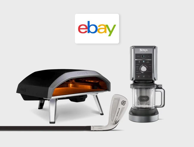 eBay - Ooni pizza oven, Ninja blender and golf club on a neutral grey background