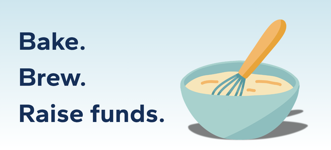 Bake. Brew. Raise funds. Illustration of a bowl and whisk