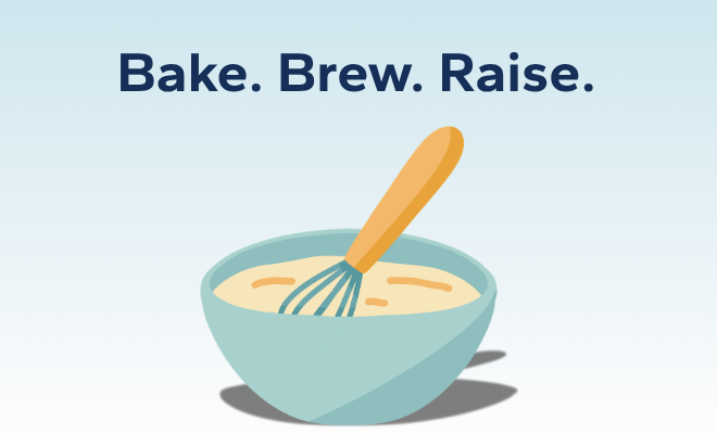 Bake. Brew. Raise funds. Illustration of a bowl and whisk