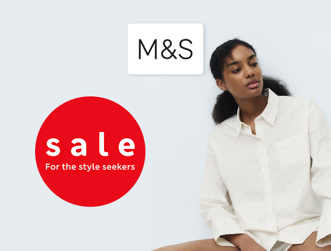 M&S - Lady wearing a white shirt, a red sticker reads 'sale for the style seekers'