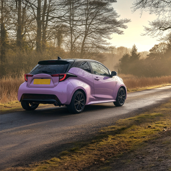 MoneySuperMarket Car Insurance - Purple car travelling down the road