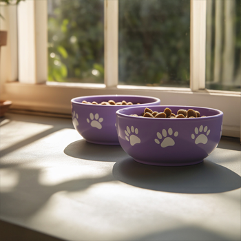MoneySuperMarket Pet Insurance - Open home space with purple pet food bowls