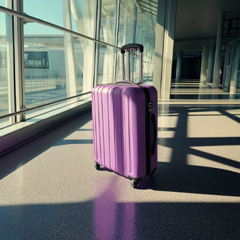MoneySuperMarket Travel Insurance - Airport with purple suitcase
