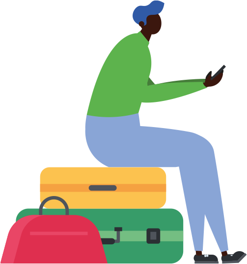 Illustration of man sat on a stack of suitcases