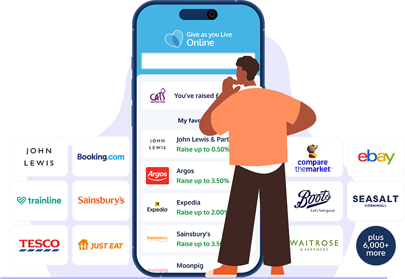 Illustration of person looking at mobile with list of retailers