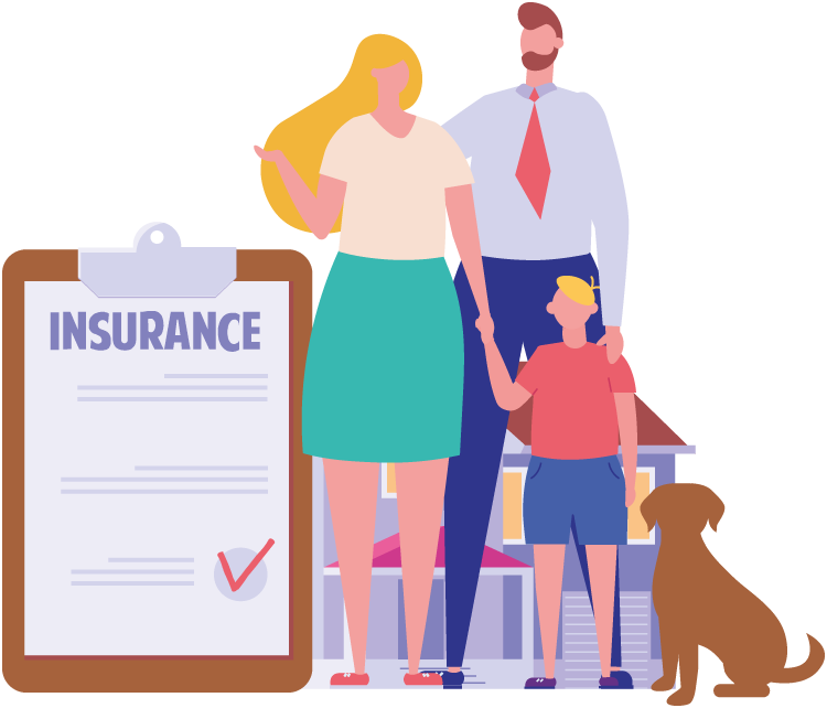 Illustration of family beside a clipboard that reads 'Insurance'