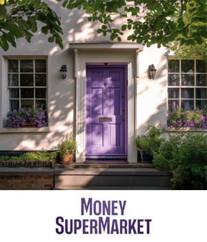 MoneySuperMarket Home Insurance - A bright purple front door centered on a white house